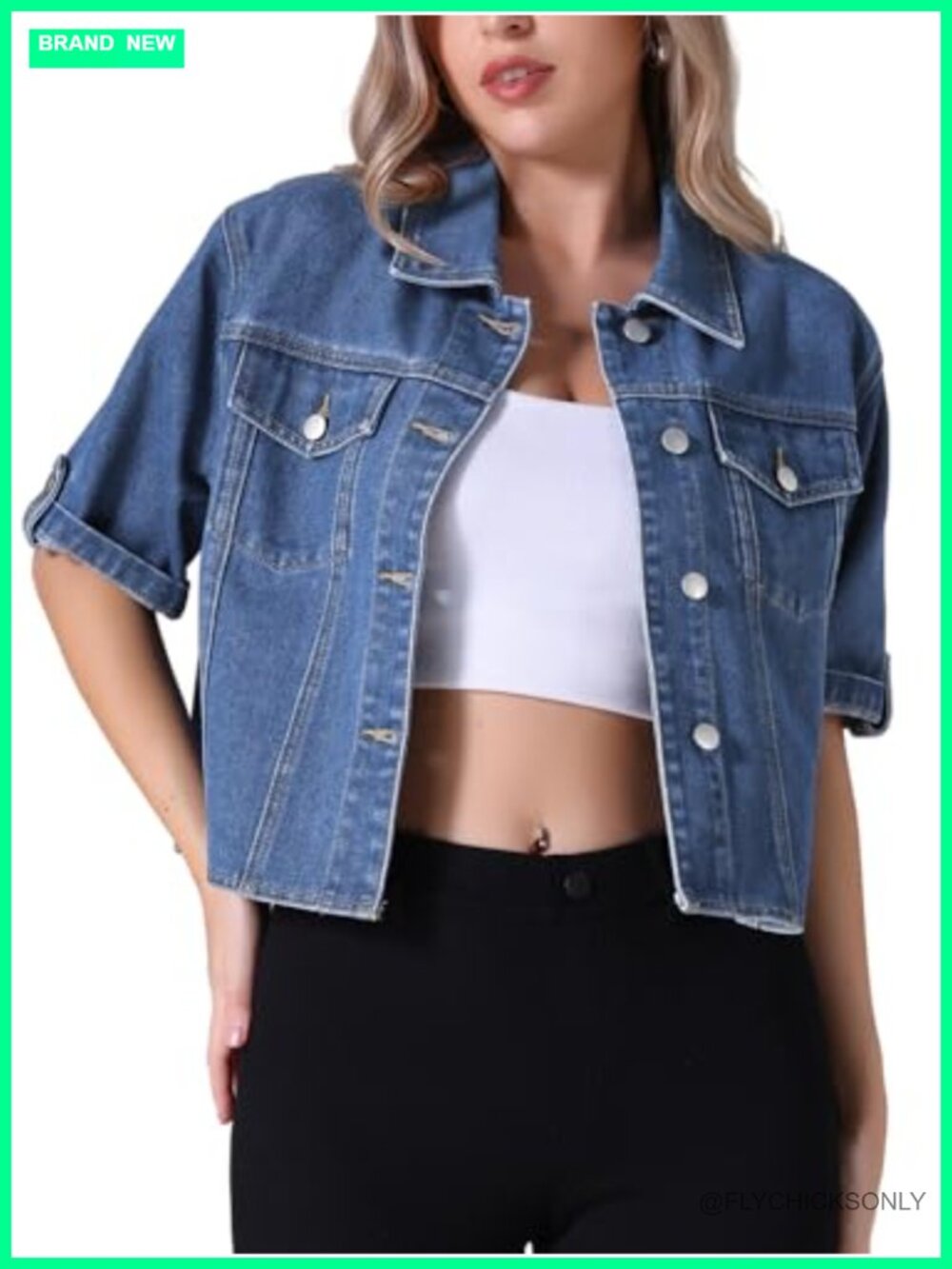 Cropped Denim Jacket Short Sleeve Button Down Relaxed Fit